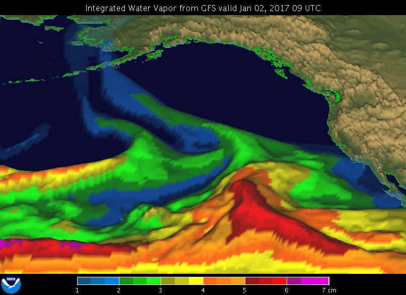 Animated satellite view of an atmospheric river approaching California in 2017